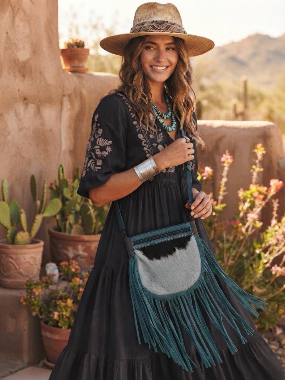 ✨NWT✨ Turquoise Fringe Crossbody with Cowhide Accent